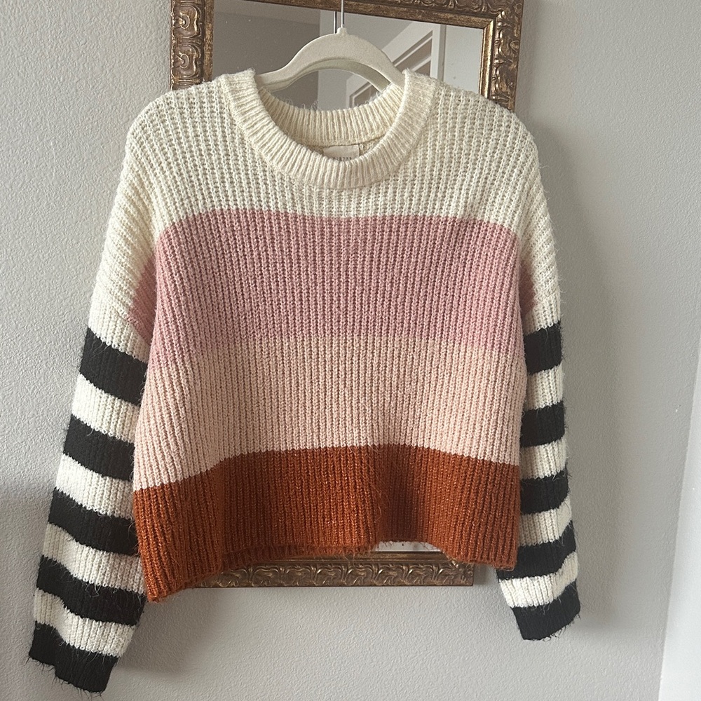 Cozy Striped Crew Neck Sweater in Cream, Pink, and Brown